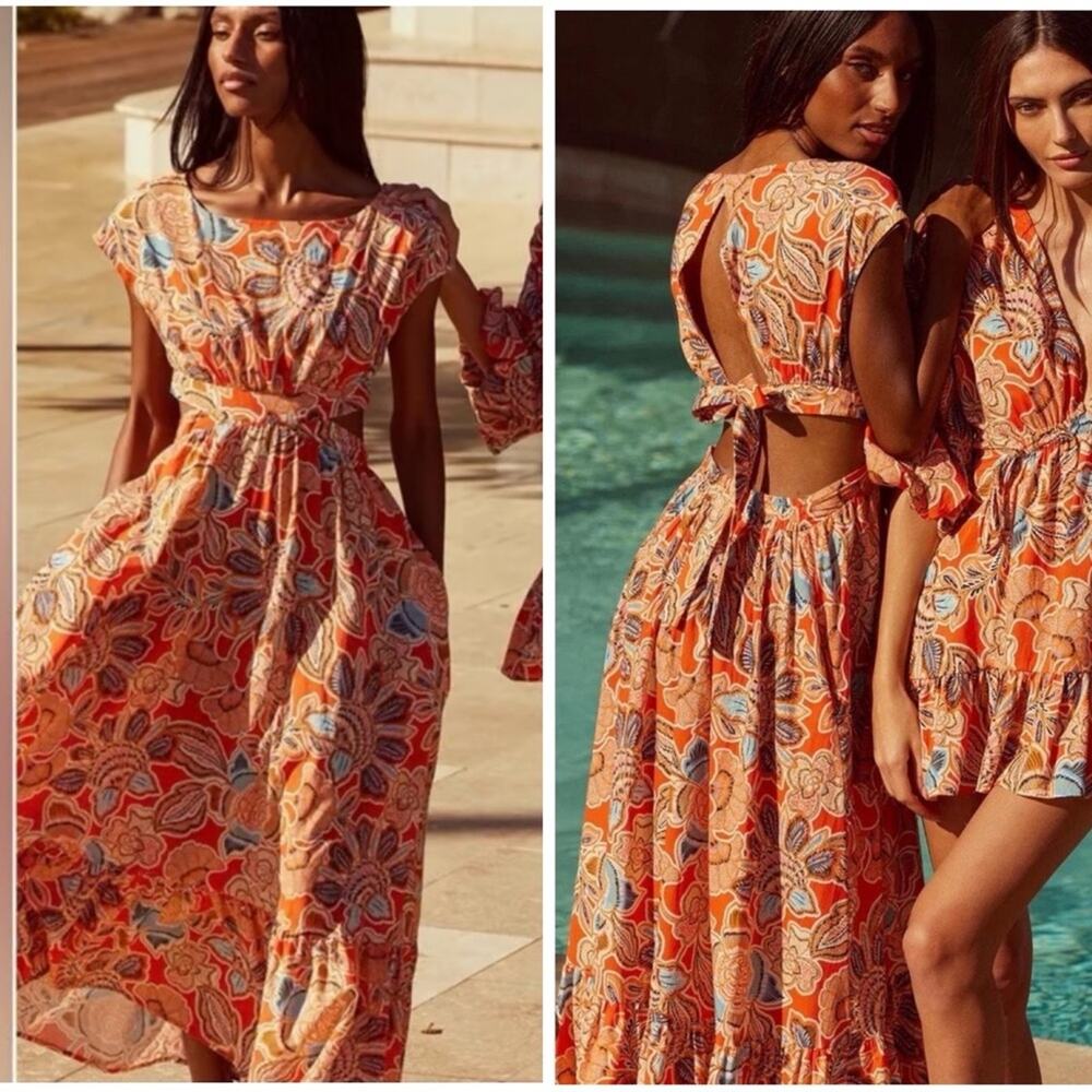 MISA Los Angeles Danamae Tangerine Orange Floral Cutout Maxi Pockets Medium